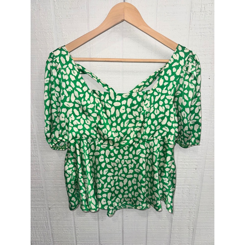 Meet Me In Santorini Peplum Blouse Womens Green White Leopard Puff Sleeve Small